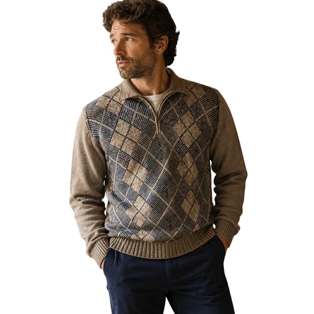 Lorenzo Tan & Blue Argyle Half Zip Wool Blend Sweater, Large